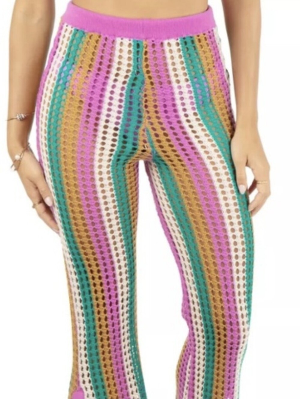 Hurley Women's Multicolor Striped Crochet Beach Pants, Wide-Leg, Size M